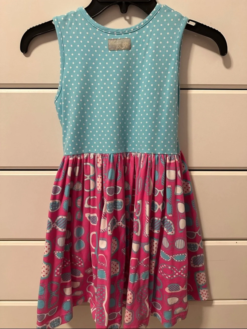 Eleanor Rose Aqua Polka Dot Bodice with Pink Sunglass Print Skirt